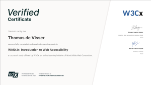 My W3c WCAG certificate.
